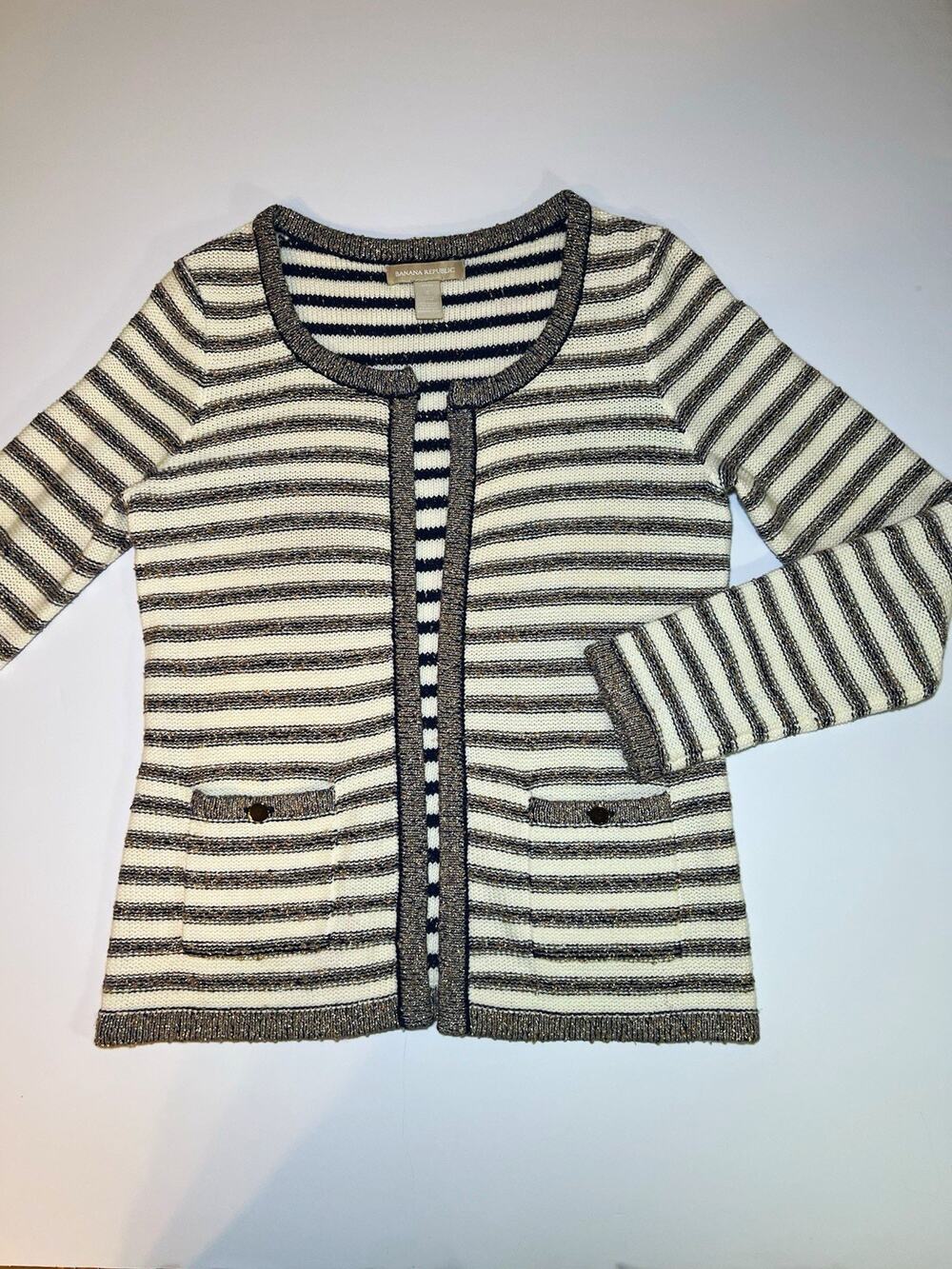 Banana Republic Striped Knit Cotton Cardigan Button Pockets Size S petite
